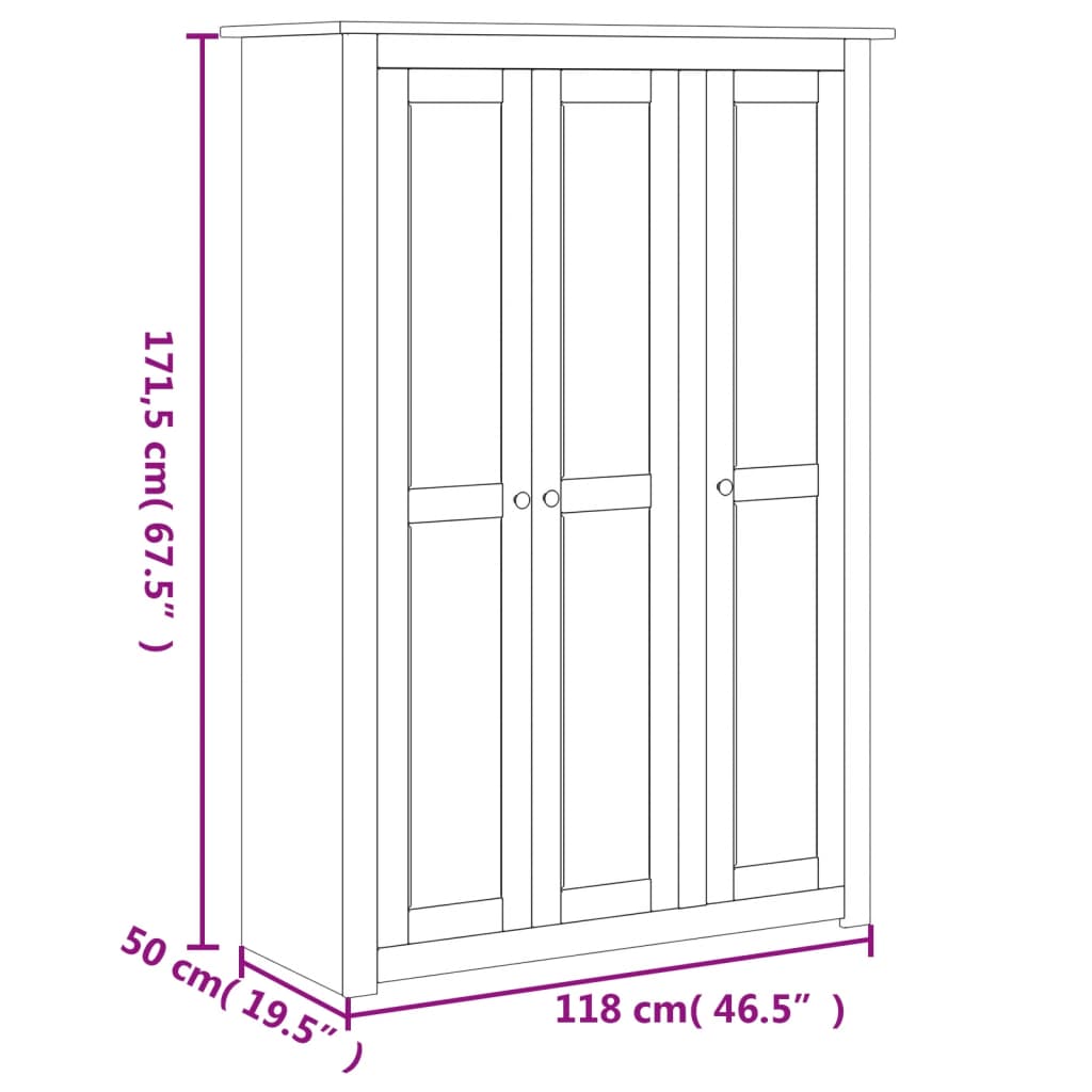 klædeskab med 3 låger 118 x 50 x 171,5 cm fyrretræ Panama
