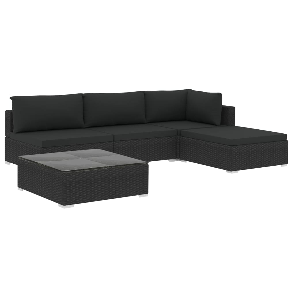 haveloungesæt 5 dele med hynder polyrattan sort