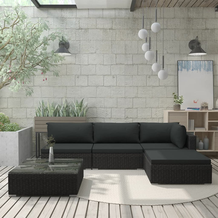 haveloungesæt 5 dele med hynder polyrattan sort