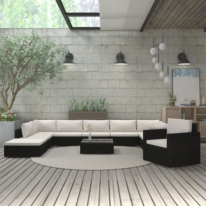 haveloungesæt 11 dele med hynder polyrattan sort