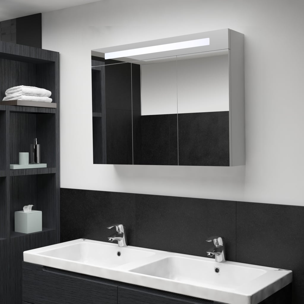 badeværelsesskab med spejl + LED-lys 88x13x62 cm
