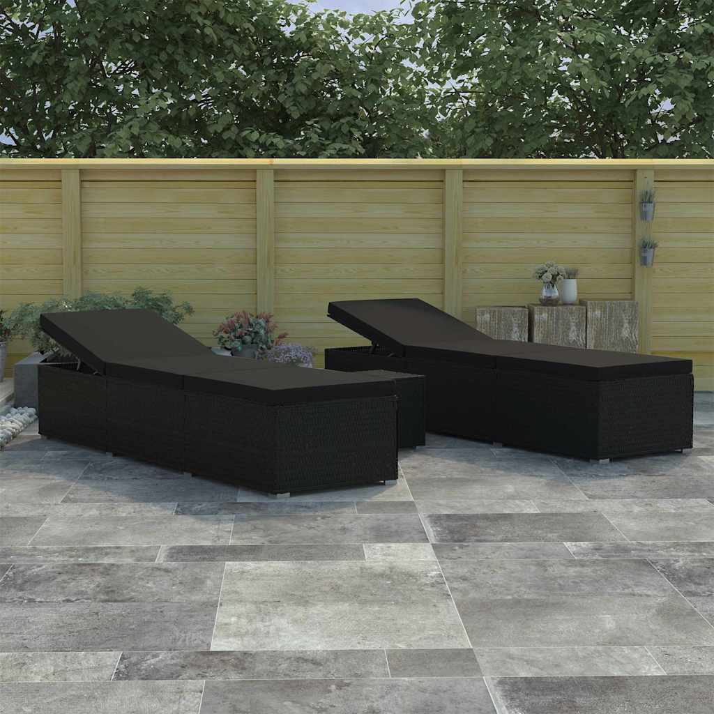 Havens solsenge med pude 3 pcs Sort Poly rattan