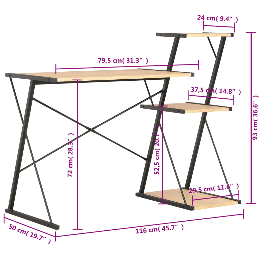 skrivebord med hylde 116x50x93 cm sort og egetræsfarve