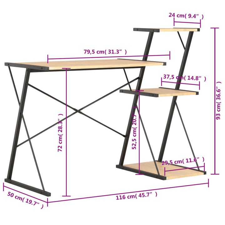 skrivebord med hylde 116x50x93 cm sort og egetræsfarve