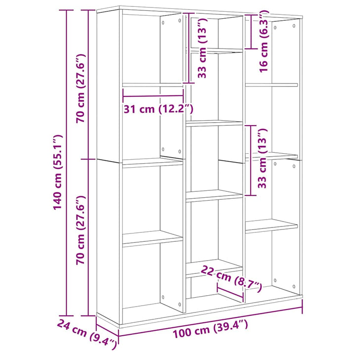 rumdeler/bogreol 100x24x140 cm konstrueret træ sonoma-eg