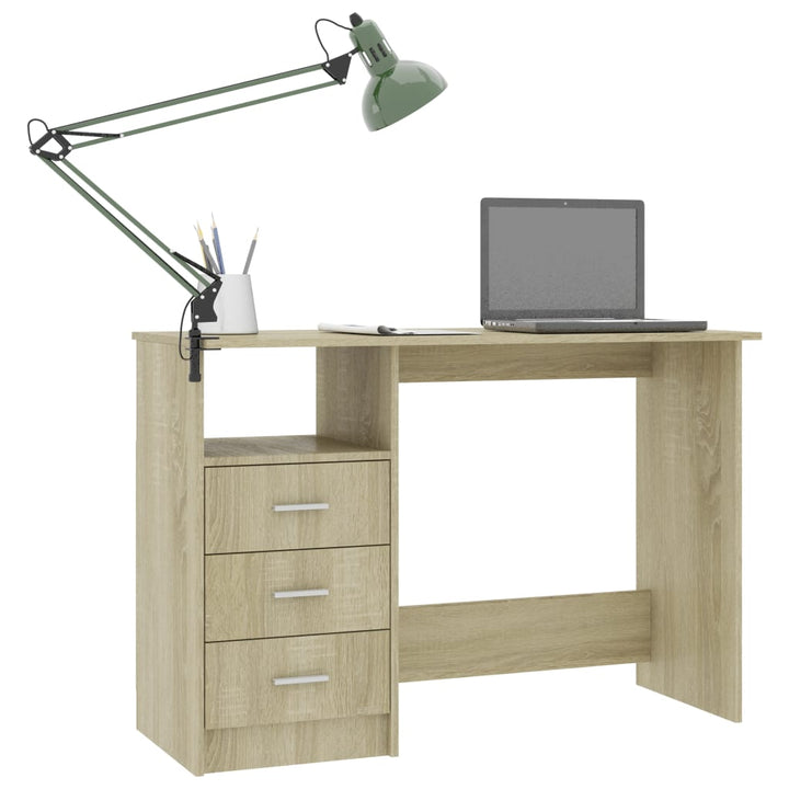 skrivebord med skuffer 110x50x76 cm spånplade sonoma-eg