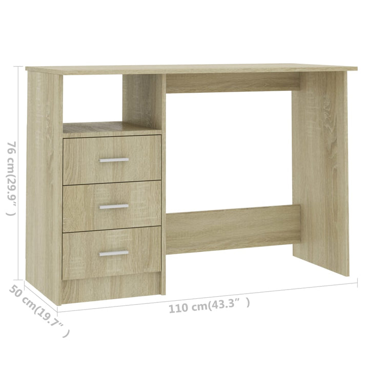 skrivebord med skuffer 110x50x76 cm spånplade sonoma-eg