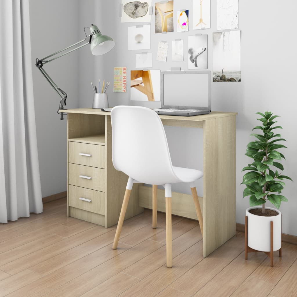 skrivebord med skuffer 110x50x76 cm spånplade sonoma-eg