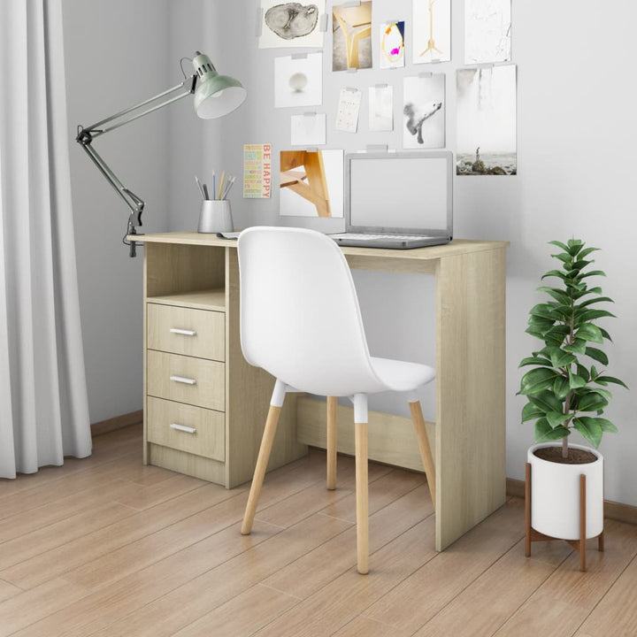 skrivebord med skuffer 110x50x76 cm spånplade sonoma-eg