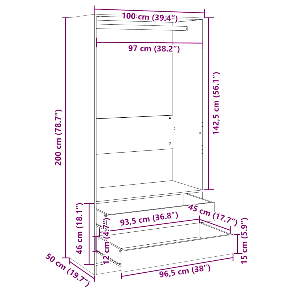klædeskab 100x50x200 cm konstrueret træ sonoma-eg