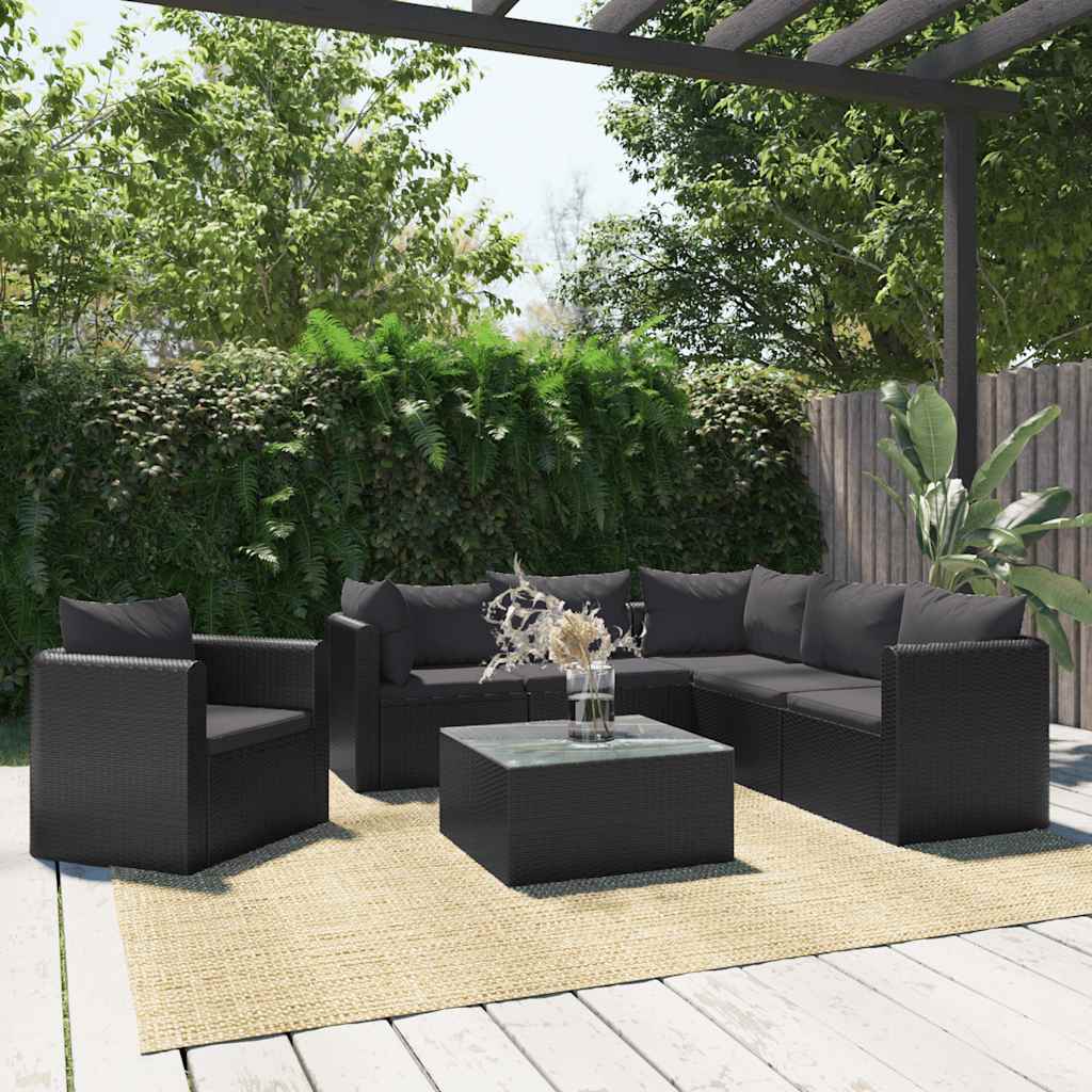 haveloungesæt 7 dele med hynder polyrattan sort