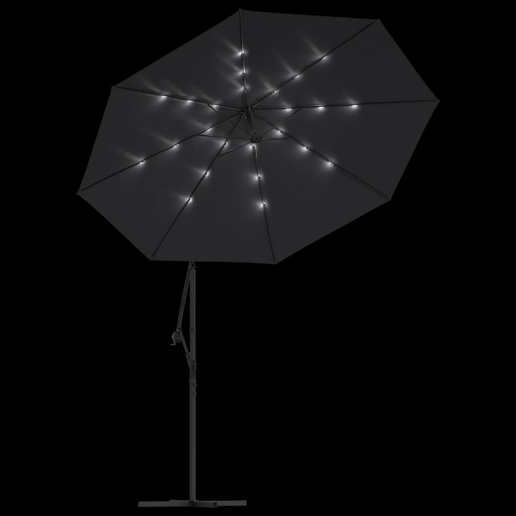 hængeparasol m. LED-lys og stålstang 300 cm sort