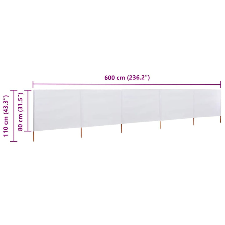 5-panels læsejl 600x80 cm stof sandhvid