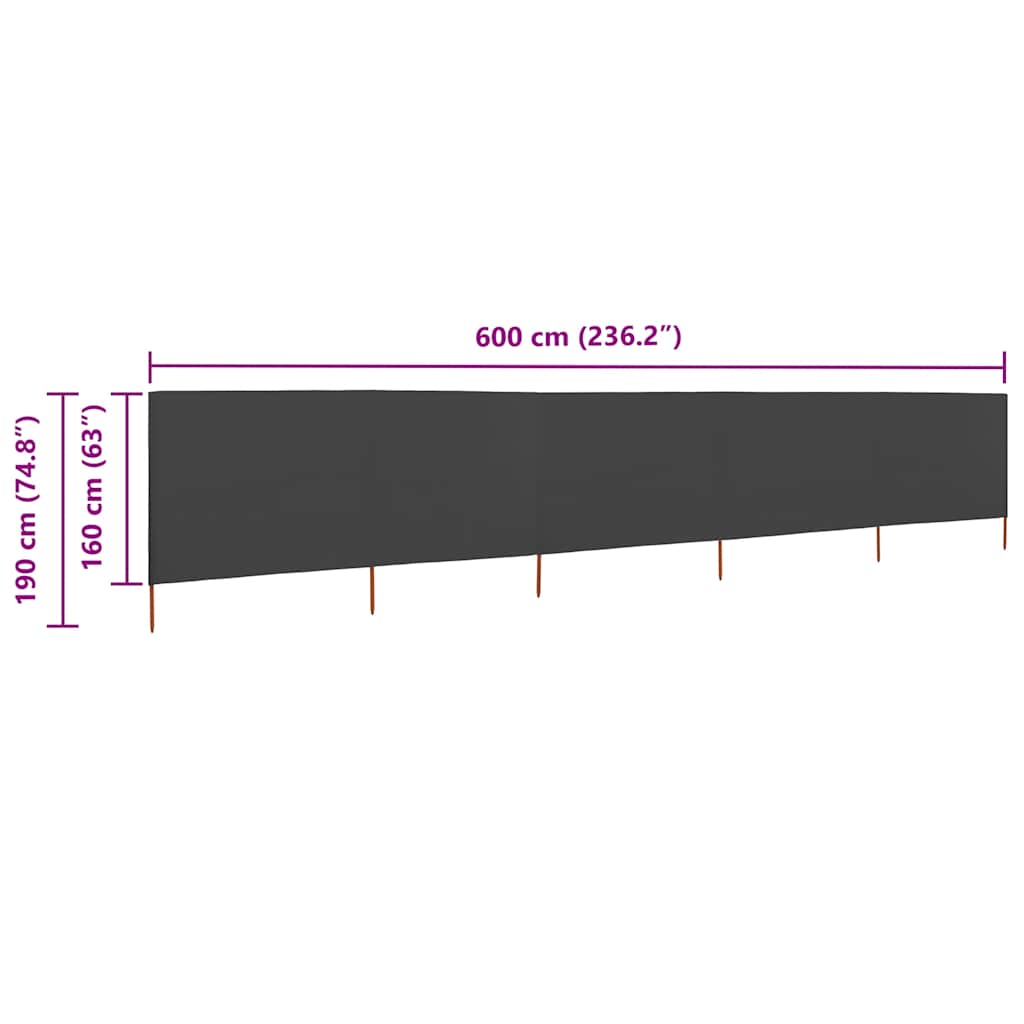 5-panels læsejl 600x160 cm stof antracitgrå
