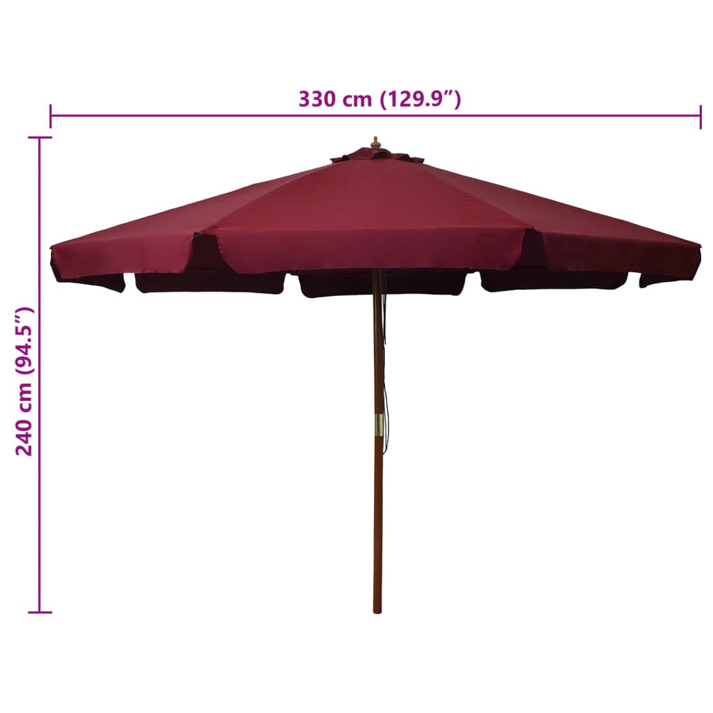 udendørs parasol med træstang 330 cm bordeauxfarvet