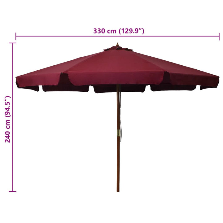 udendørs parasol med træstang 330 cm bordeauxfarvet