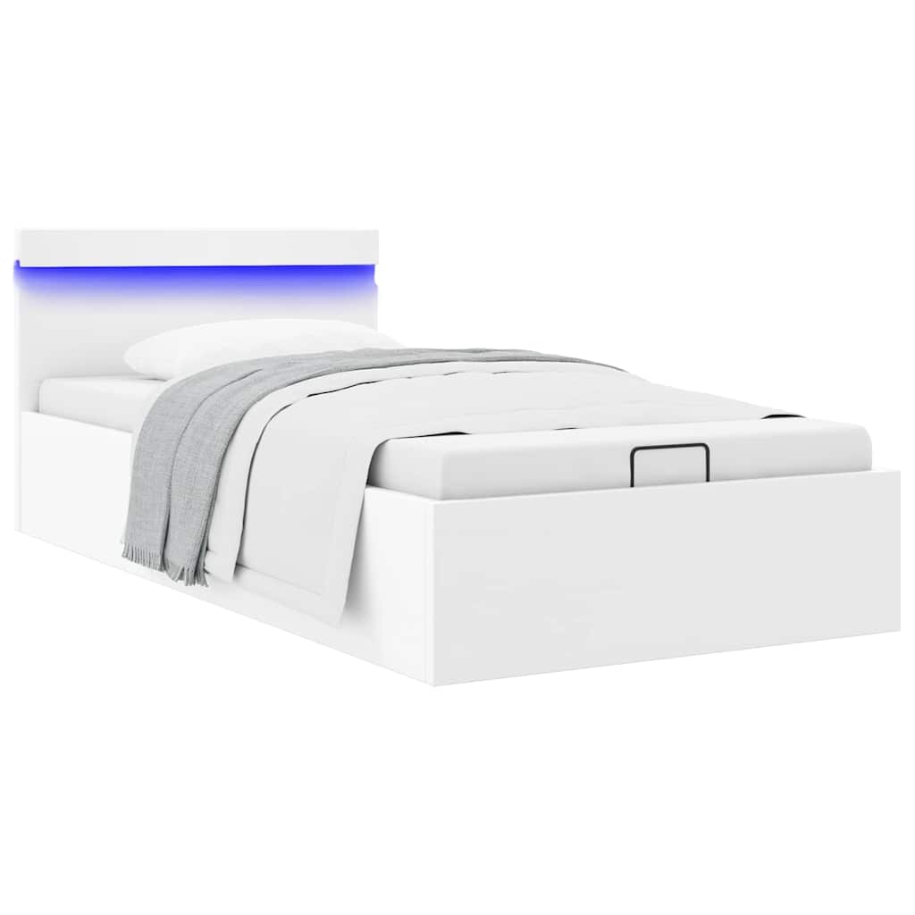 hydraulisk opbevaringsseng med LED 100x200 cm kunstlæder hvid