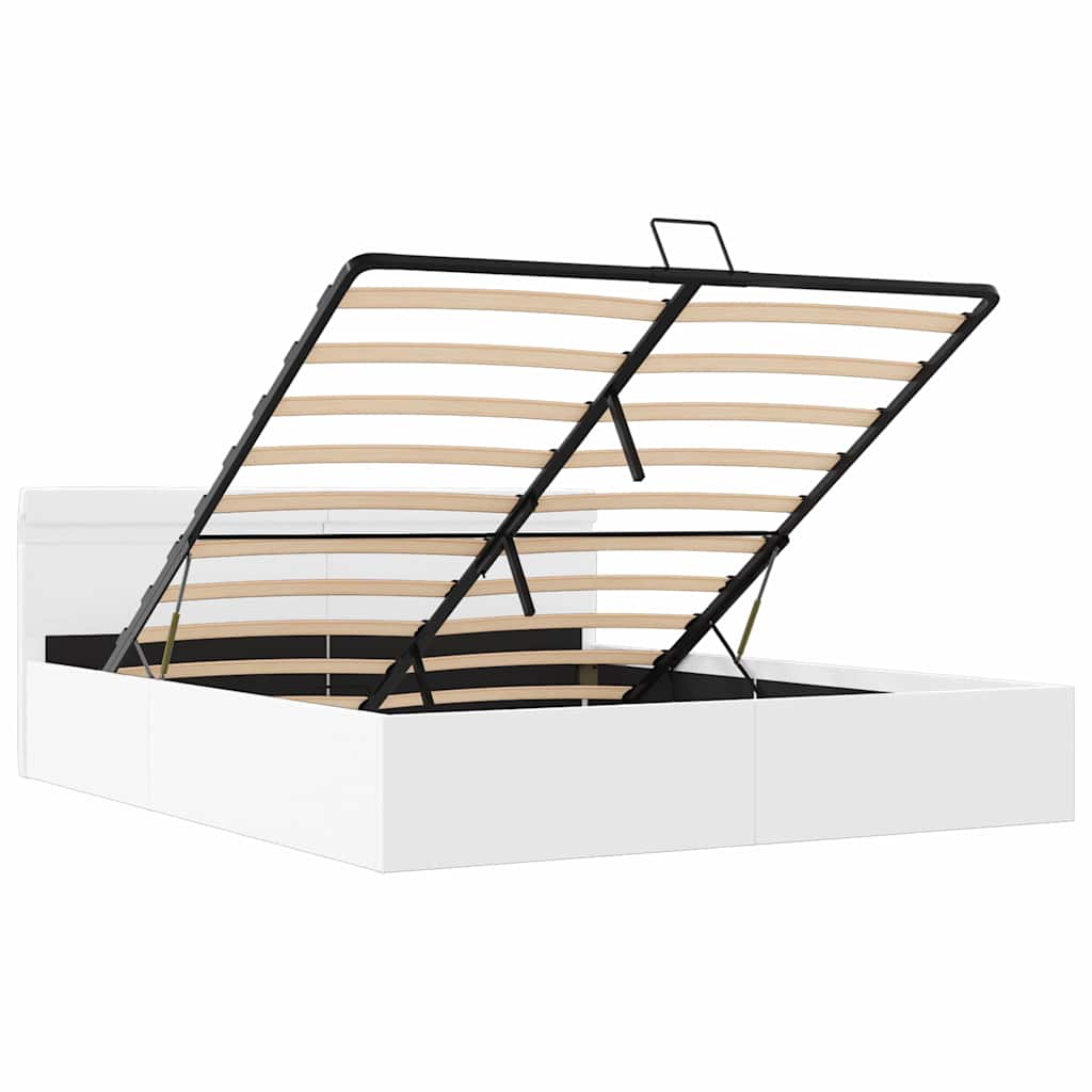 hydraulisk opbevaringsseng med LED 160x200 cm kunstlæder hvid