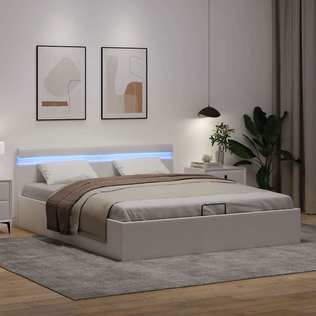 hydraulisk opbevaringsseng med LED 180x200 cm kunstlæder hvid