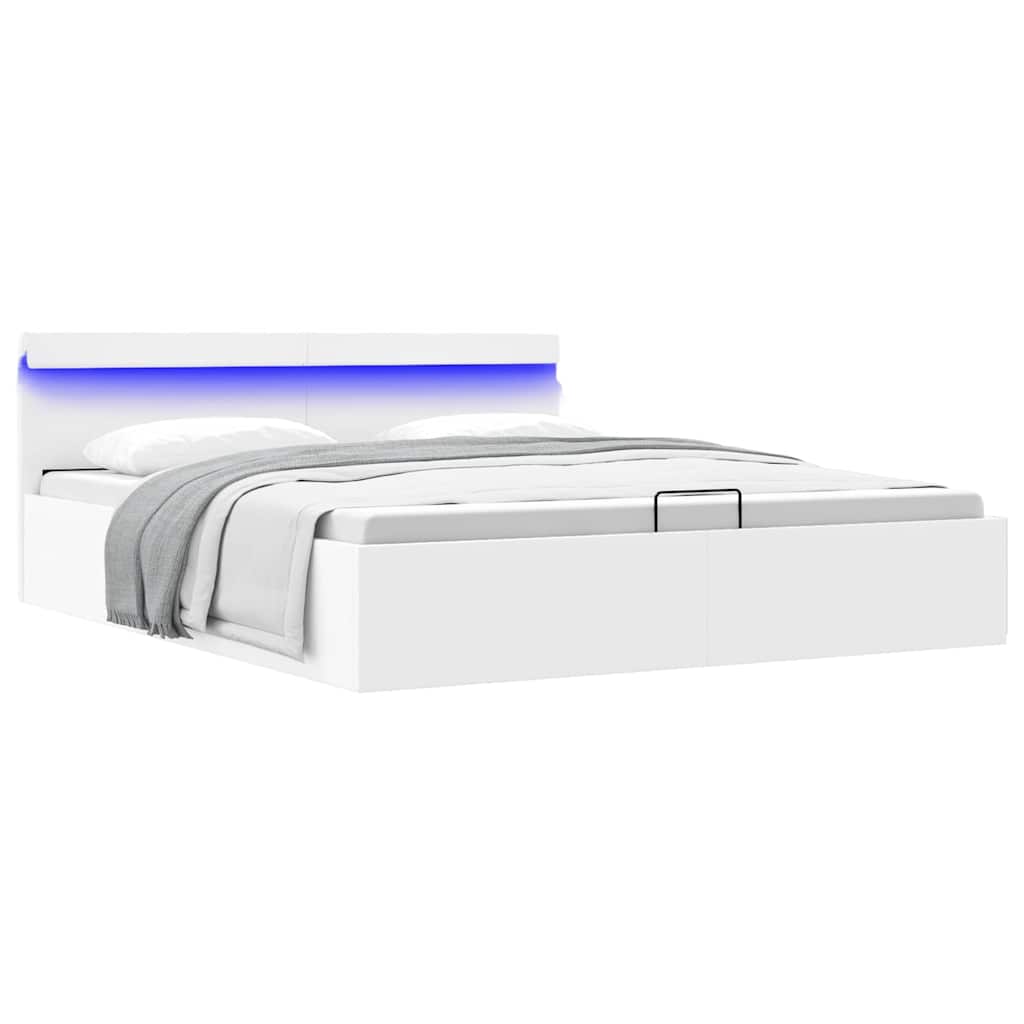 hydraulisk opbevaringsseng med LED 180x200 cm kunstlæder hvid