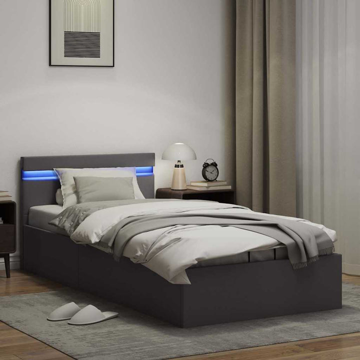 hydraulisk opbevaringsseng med LED 90x200 cm kunstlæder grå