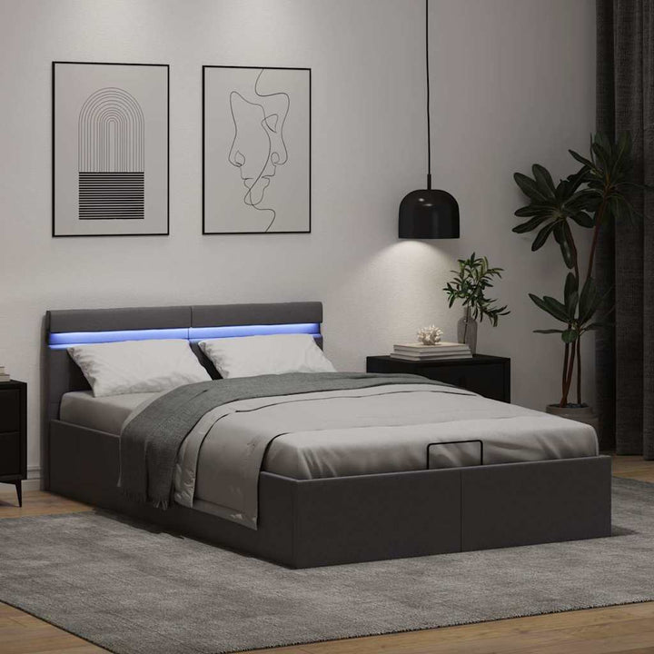hydraulisk opbevaringsseng med LED 140x200 cm kunstlæder grå