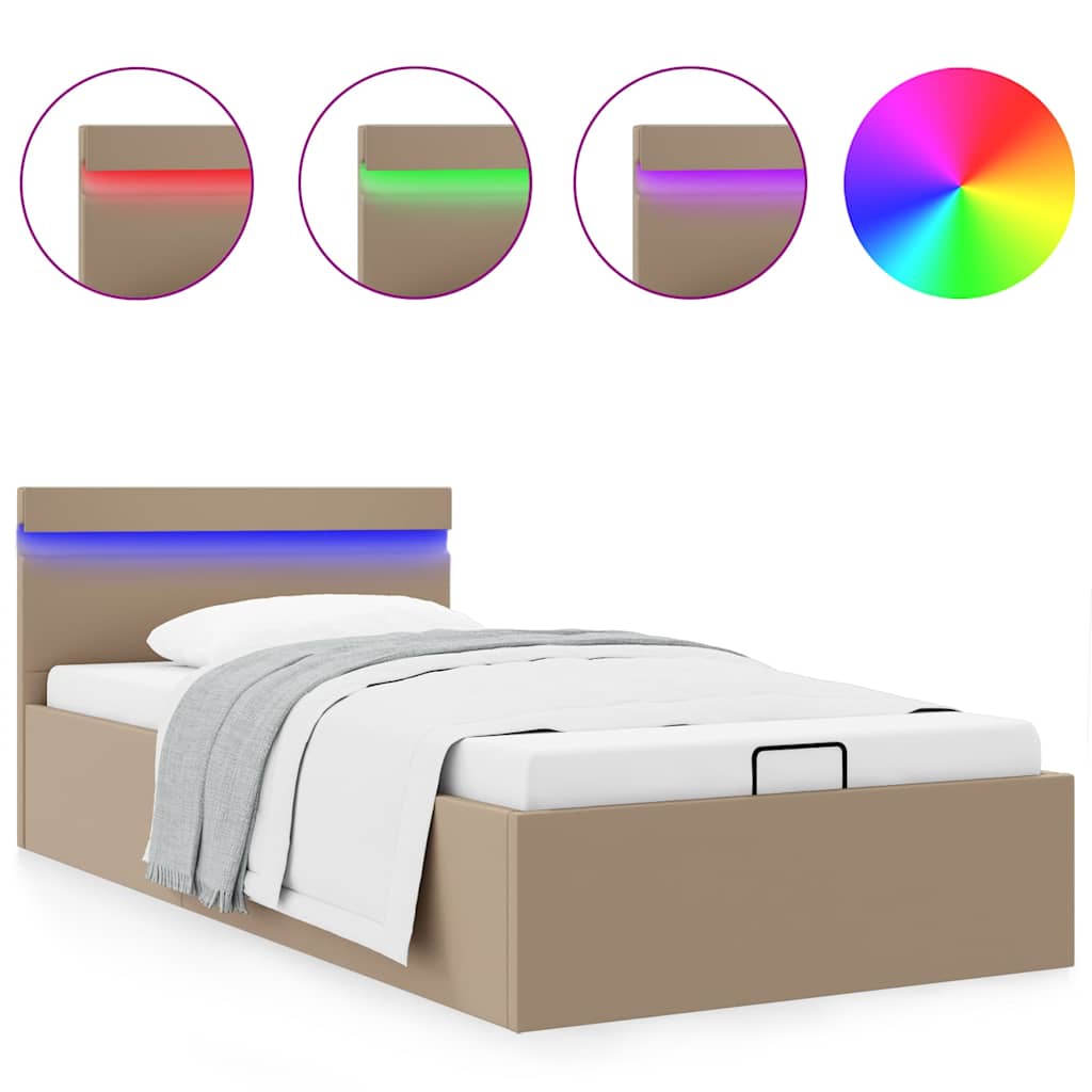 hydraulisk opbevaringsseng LED 90x200 cm kunstlæder cappuccino
