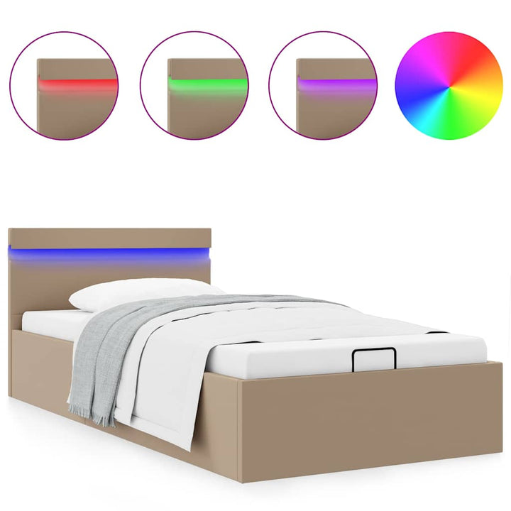 hydraulisk opbevaringsseng LED 90x200 cm kunstlæder cappuccino