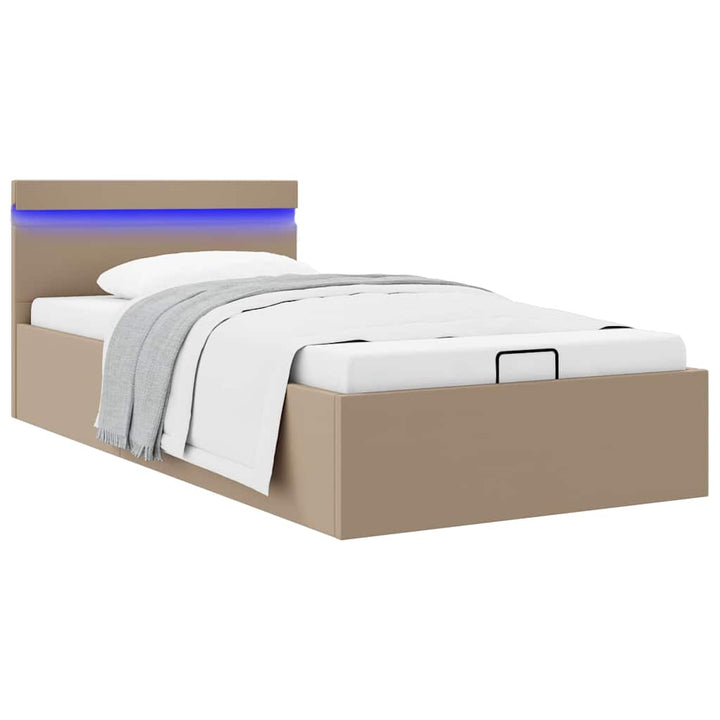 hydraulisk opbevaringsseng LED 90x200 cm kunstlæder cappuccino