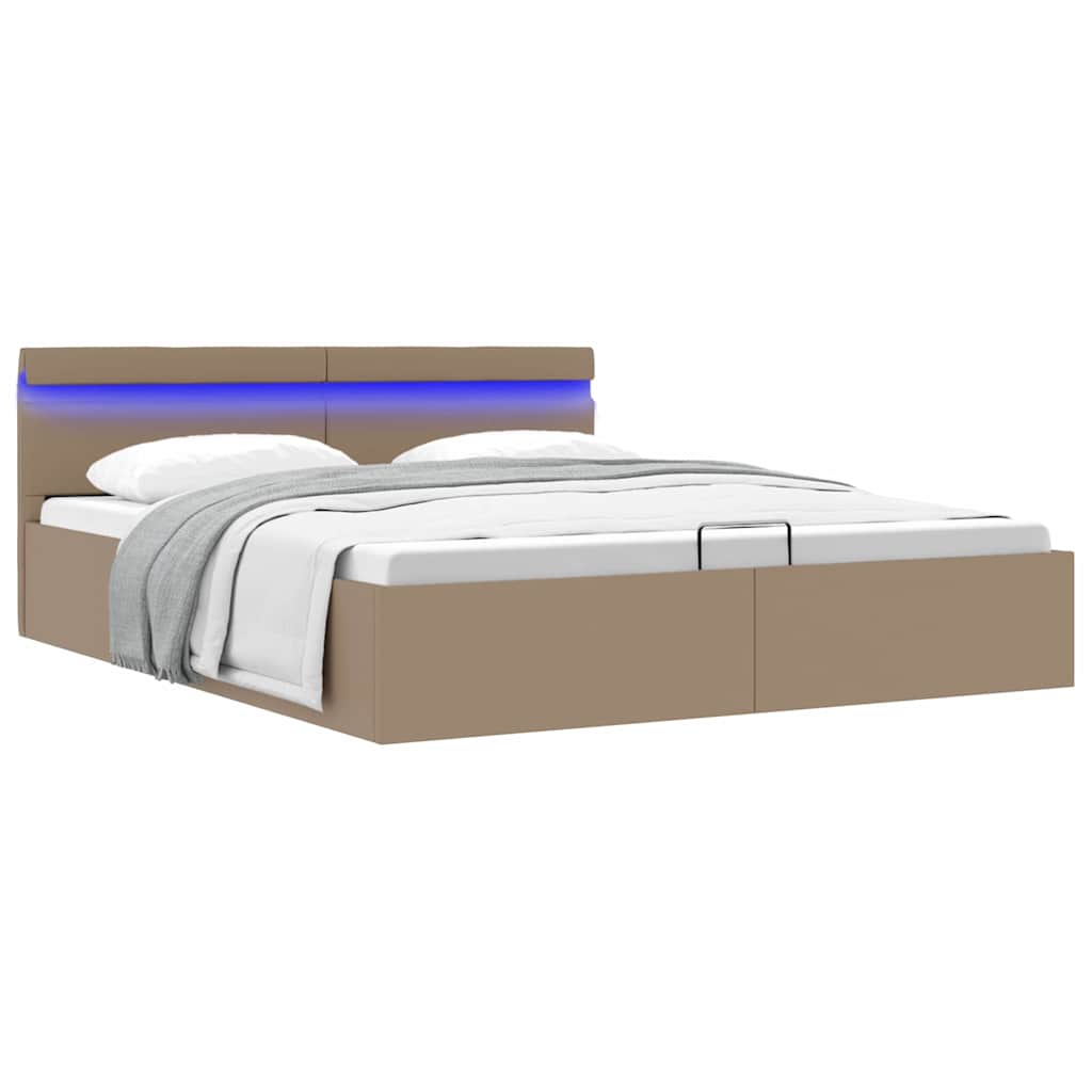 hydraulisk opbevaringsseng LED 160x200 cm kunstlæder cappuccino