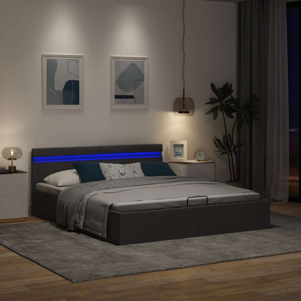 hydraulisk opbevaringsseng med LED 180x200 cm stof mørkegrå