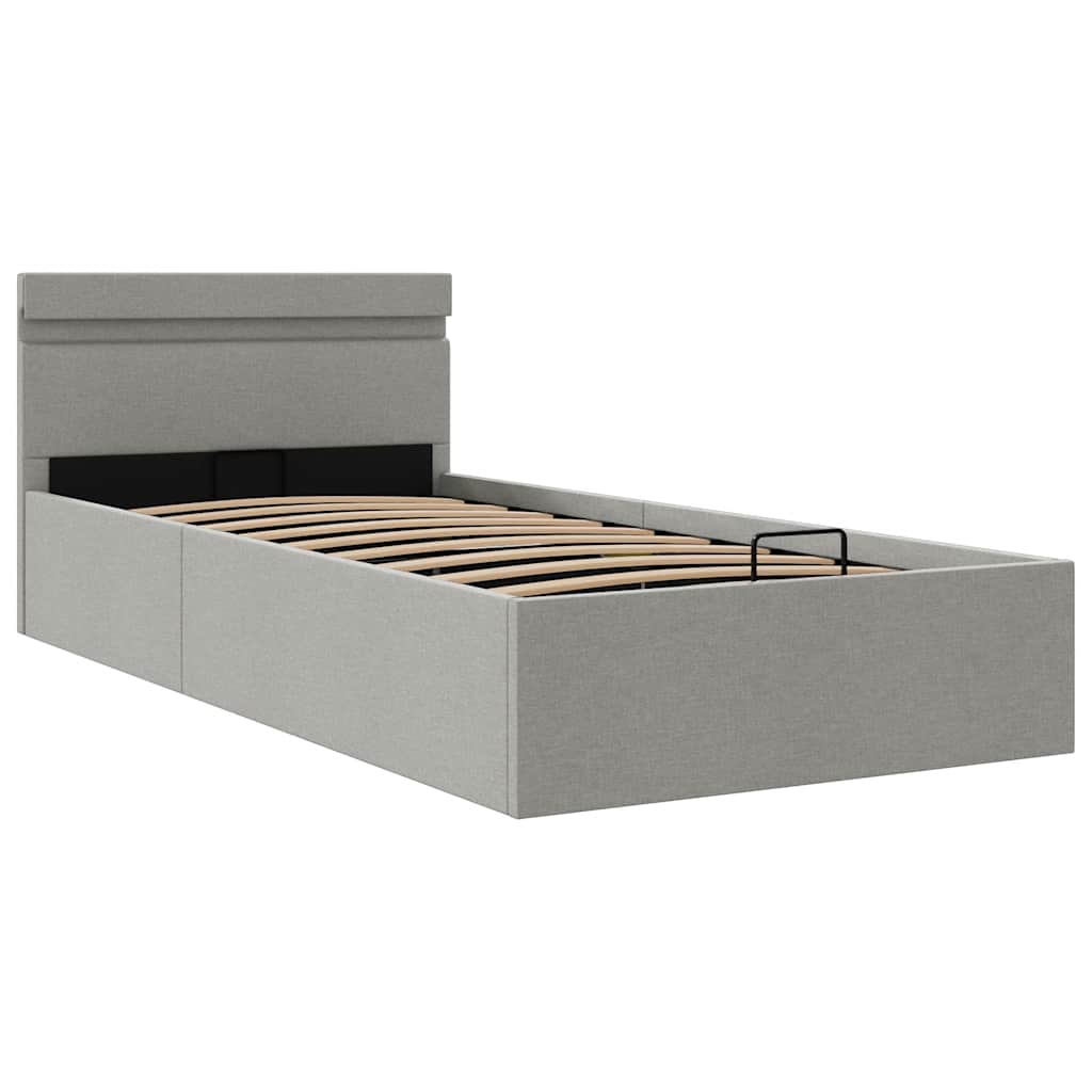 hydraulisk opbevaringsseng med LED 90x200 cm stof lysegrå
