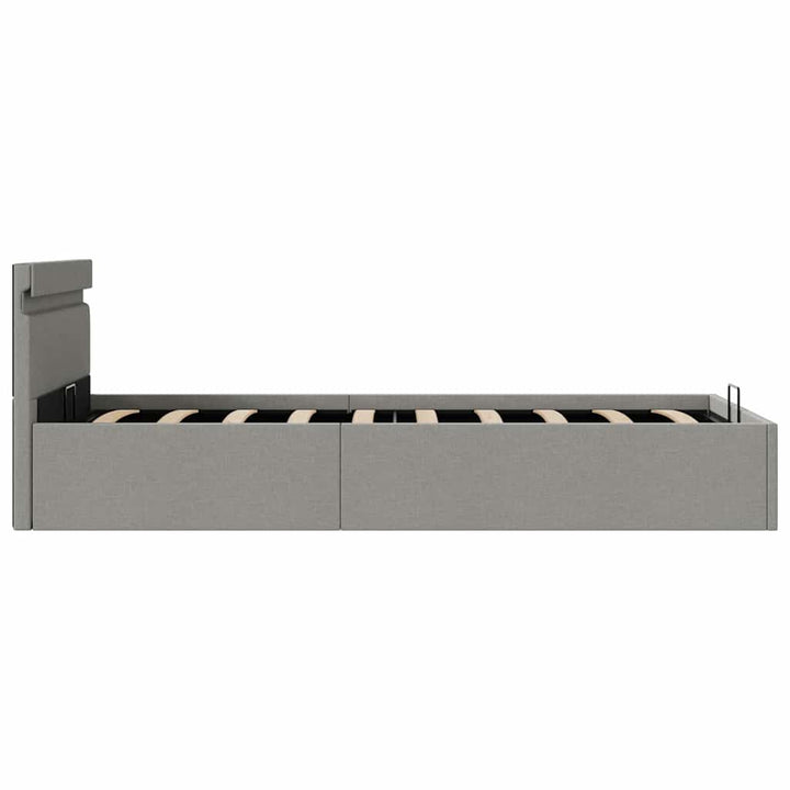 hydraulisk opbevaringsseng med LED 90x200 cm stof lysegrå