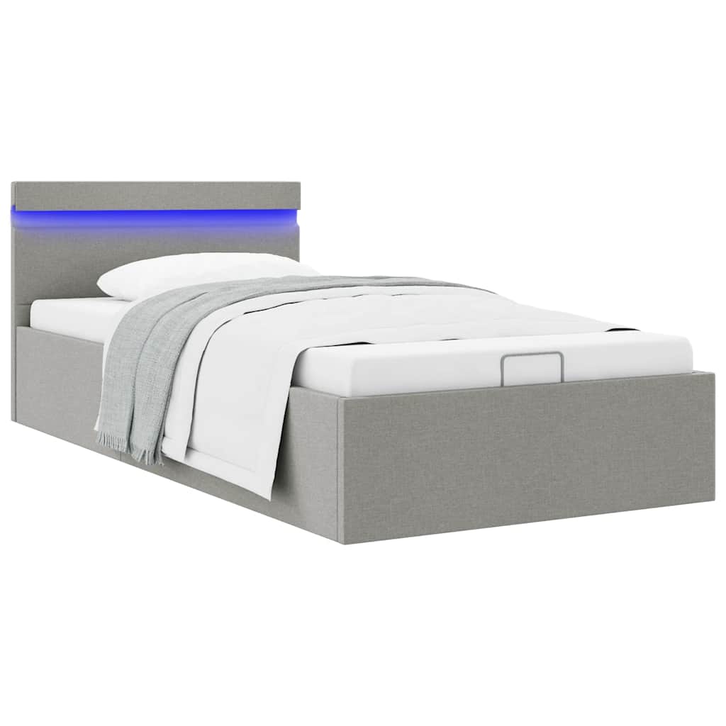 hydraulisk opbevaringsseng med LED 90x200 cm stof lysegrå