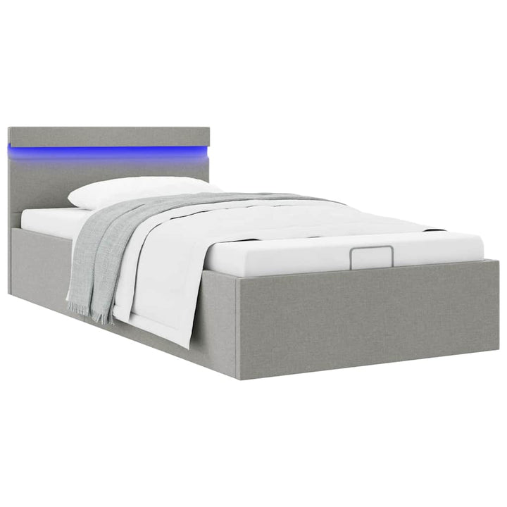 hydraulisk opbevaringsseng med LED 90x200 cm stof lysegrå