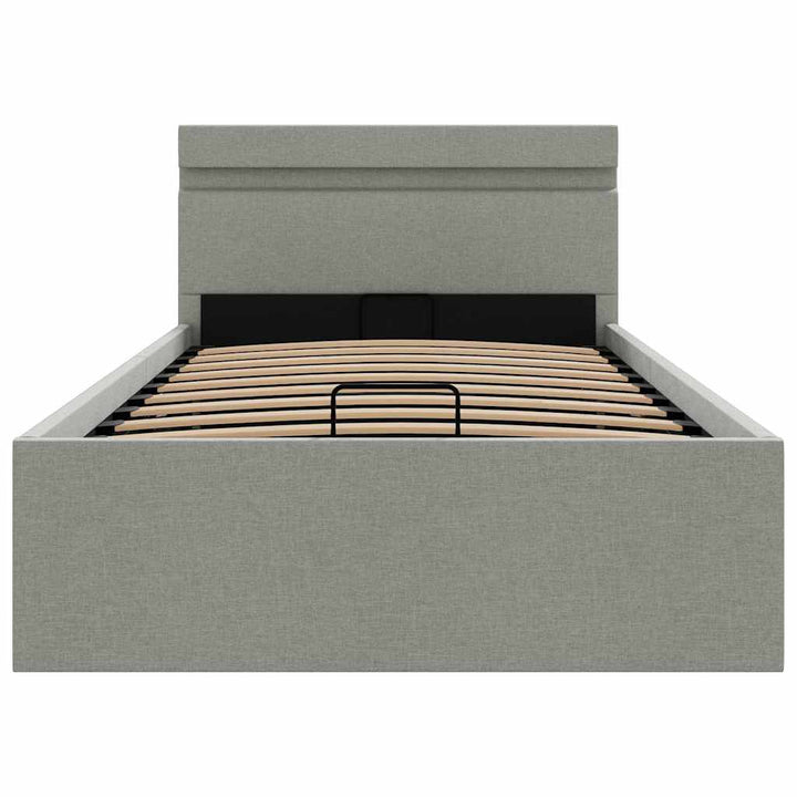 hydraulisk opbevaringsseng med LED 100x200 cm stof lysegrå