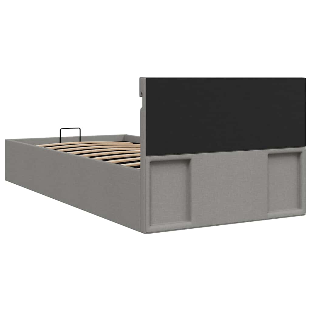 hydraulisk opbevaringsseng med LED 100x200 cm stof lysegrå