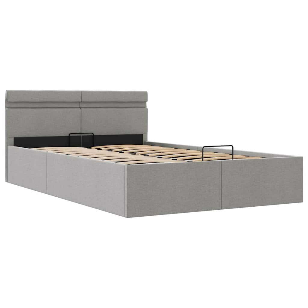hydraulisk opbevaringsseng med LED 140x200 cm stof lysegrå