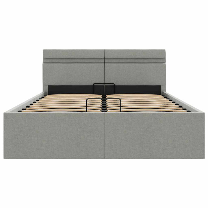hydraulisk opbevaringsseng med LED 140x200 cm stof lysegrå