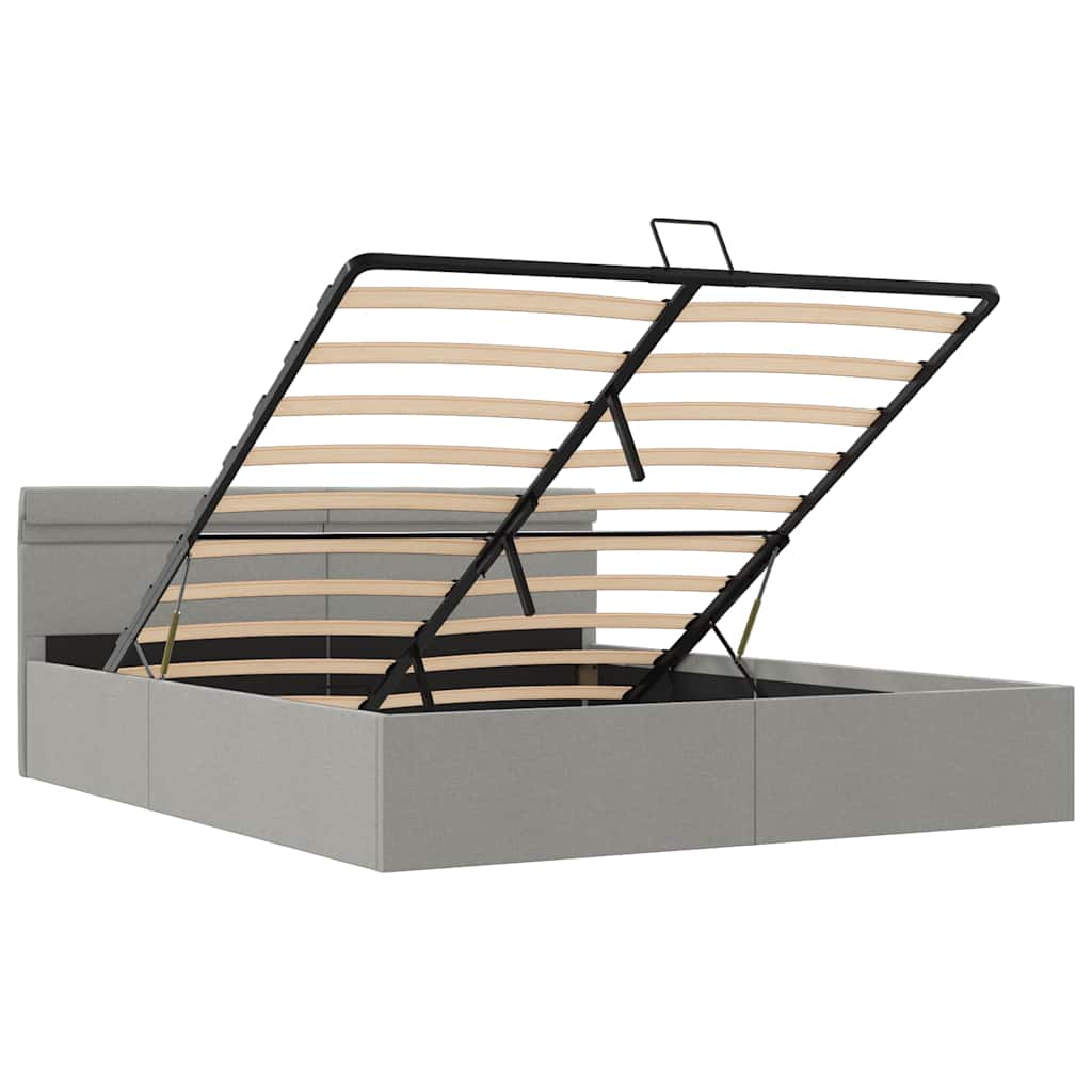 hydraulisk opbevaringsseng med LED 160x200 cm stof lysegrå