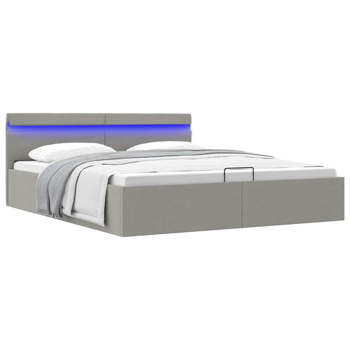 hydraulisk opbevaringsseng med LED 160x200 cm stof lysegrå