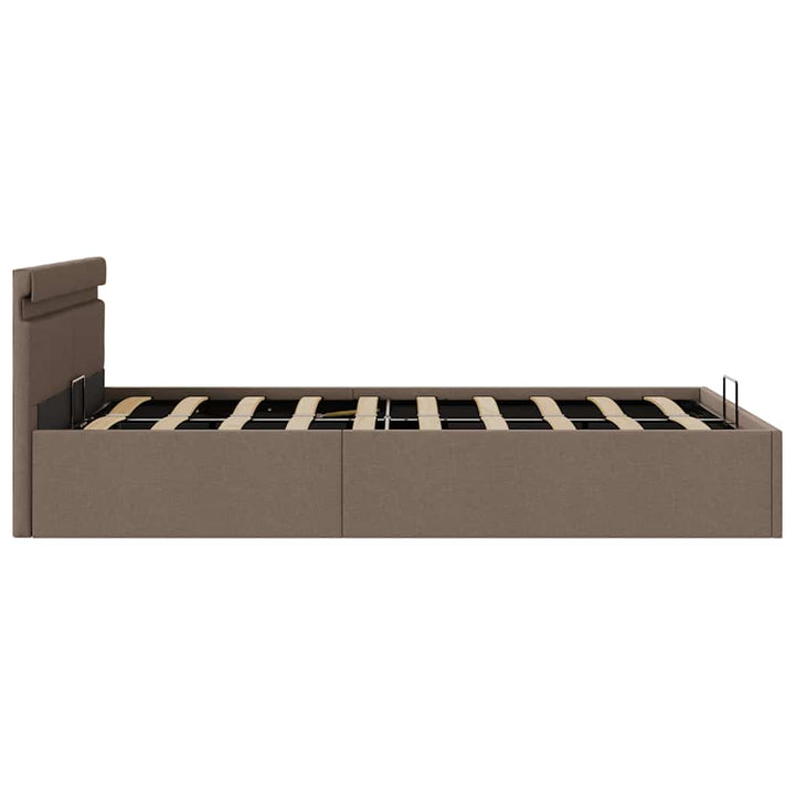 hydraulisk opbevaringsseng med LED 140x200 cm stof gråbrun