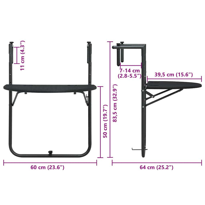 hængende altanbord 60 x 64 x 83,5 cm plastik rattanlook sort