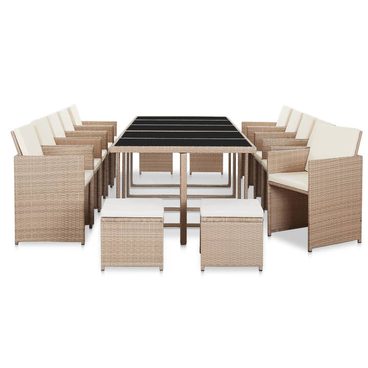 udendørs spisebordssæt 15 dele med hynder polyrattan beige