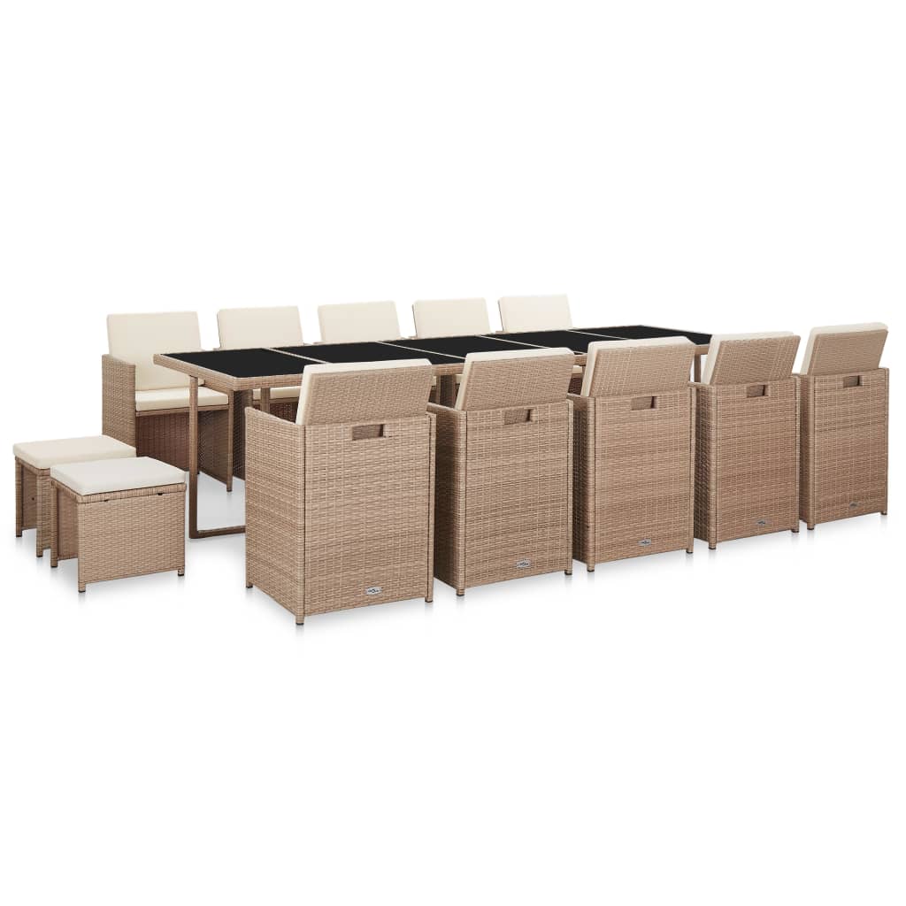 udendørs spisebordssæt 15 dele med hynder polyrattan beige