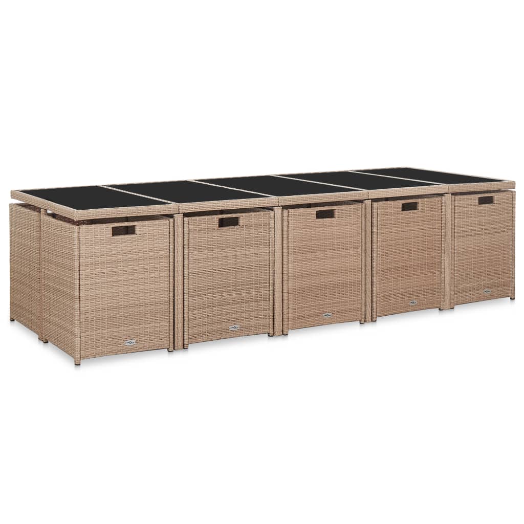 udendørs spisebordssæt 15 dele med hynder polyrattan beige