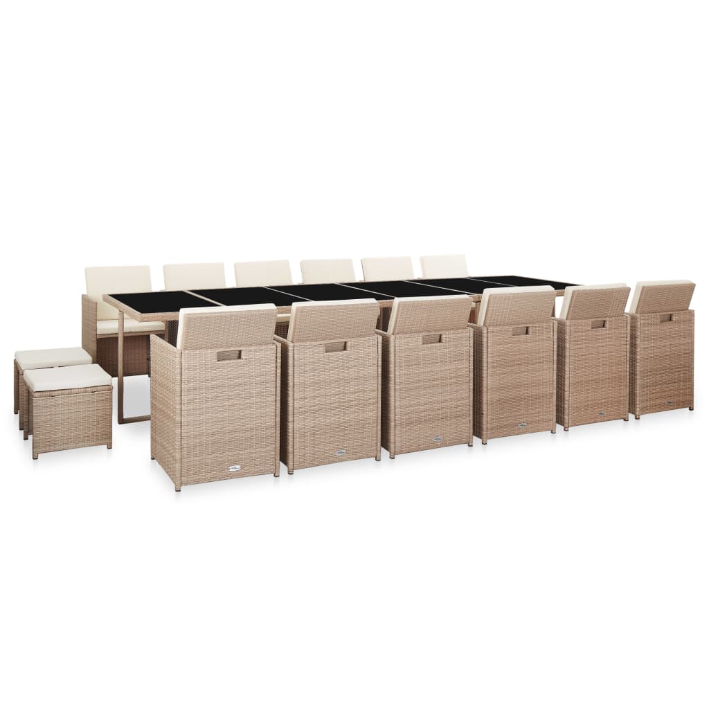 udendørs spisebordssæt 17 dele med hynder polyrattan beige