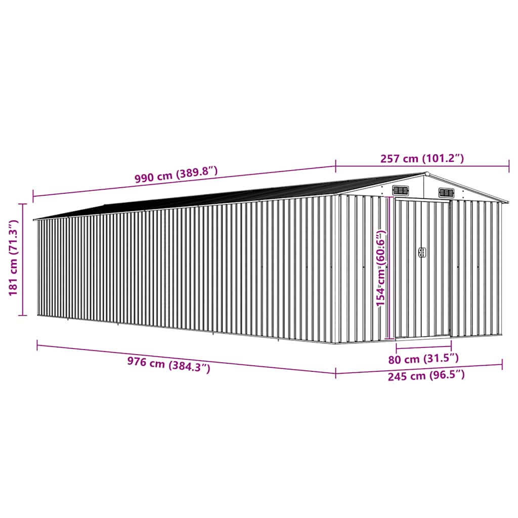 haveskur 257x990x181 cm galvaniseret stål grå