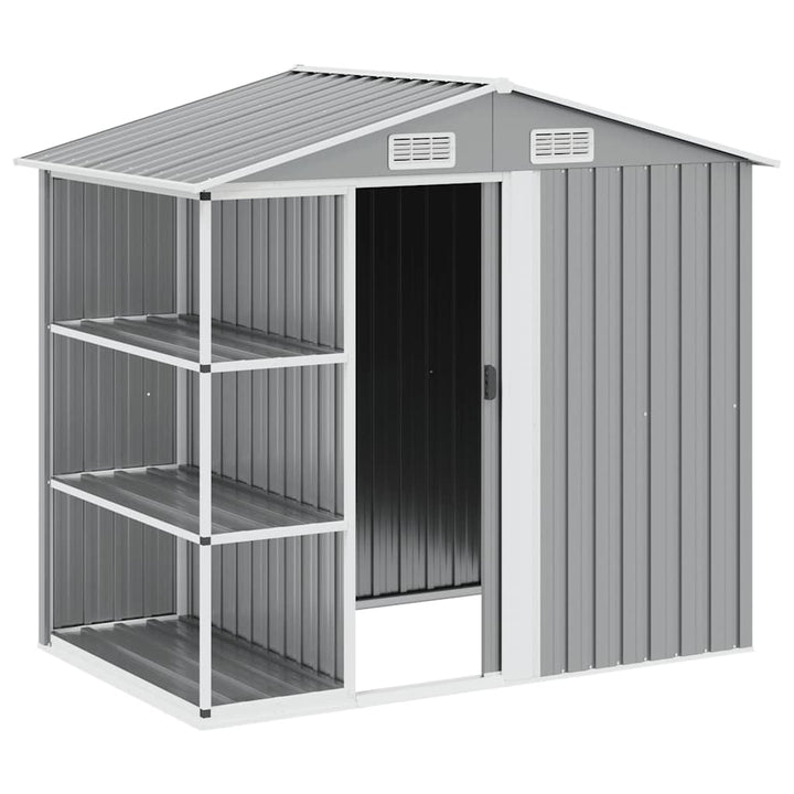 haveskur med reol 205x130x183 cm jern grå