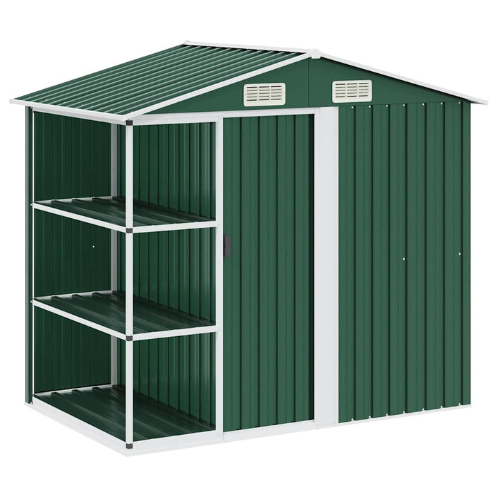haveskur med reol 205x130x183 cm jern grøn